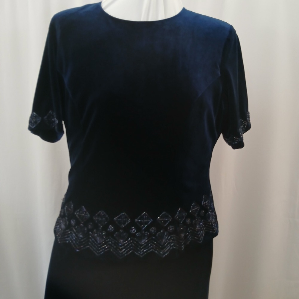 VTG BLUE VELVET BEADED COCKTAIL DRESS - HOLIDAY EVENING WEAR